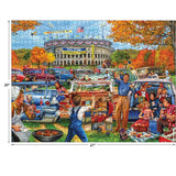 A lively scene of people enjoying a tailgate party in the parking lot of a football stadium, with cars, barbecues, and banners visible in the background: RoseArt - Back to the Past - Tailgating Fun - 1000 Piece Jigsaw Puzzle.