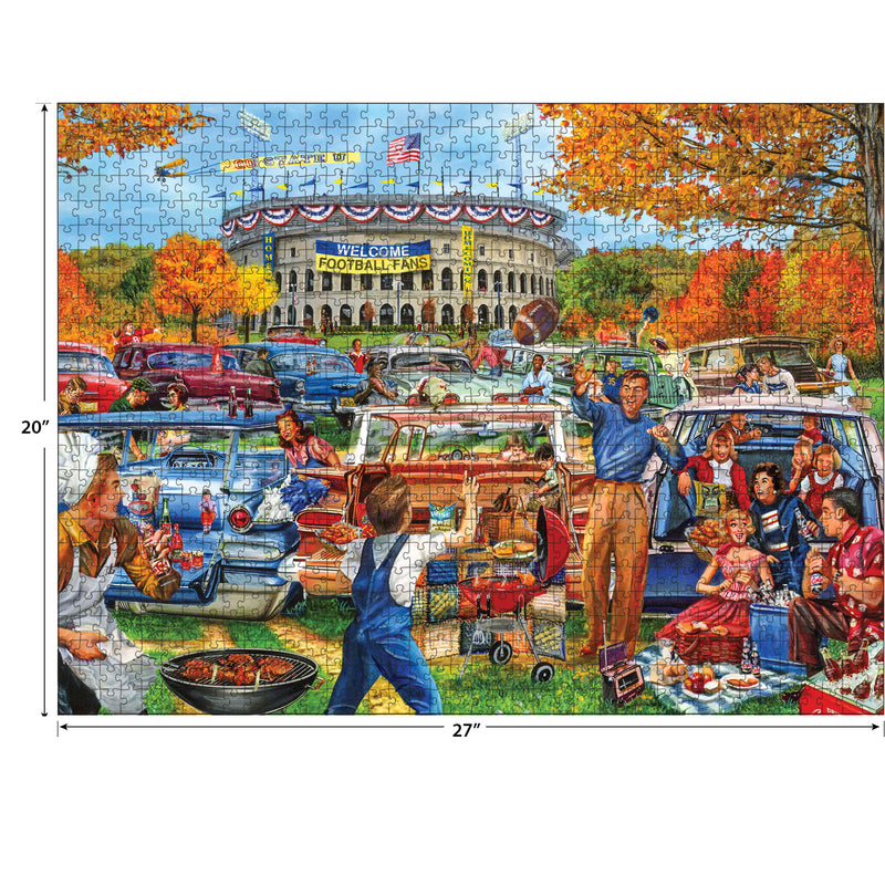 A lively scene of people enjoying a tailgate party in the parking lot of a football stadium, with cars, barbecues, and banners visible in the background: RoseArt - Back to the Past - Tailgating Fun - 1000 Piece Jigsaw Puzzle.