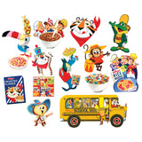 An assortment of colorful RoseArt - Kellogg's 12 Multi-Shaped - Kellogg's - 500 Piece Jigsaw Puzzle cereal mascots and boxes, each with their signature cereal bowls, centered around a vibrant yellow school bus with kids and a school bus driver.