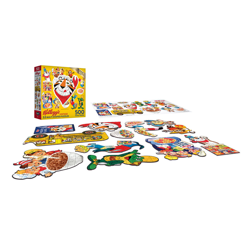 A 500-piece jigsaw puzzle with scattered pieces featuring Kellogg's characters and a colorful box labeled "RoseArt - Kellogg's 12 Multi-Shaped - Kellogg's - 500 Piece Jigsaw Puzzle.