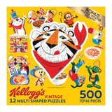 Box of RoseArt - Kellogg's 12 Multi-Shaped - Kellogg's - 500 Piece Jigsaw Puzzle. Includes various cereal characters like Tony the Tiger, Snap, Crackle, Pop, and a bonus puzzle poster.