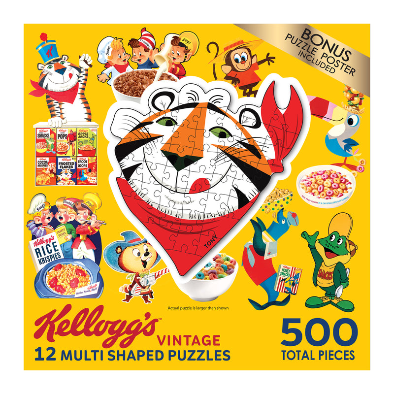 Box of RoseArt - Kellogg's 12 Multi-Shaped - Kellogg's - 500 Piece Jigsaw Puzzle. Includes various cereal characters like Tony the Tiger, Snap, Crackle, Pop, and a bonus puzzle poster.