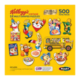 A 12-piece RoseArt - Kellogg's 12 Multi-Shaped - Kellogg's - 500 Piece Jigsaw Puzzle with characters including Tony the Tiger, Toucan Sam, and Snap, Crackle, and Pop against a yellow background. Includes 500 pieces and a bonus poster.