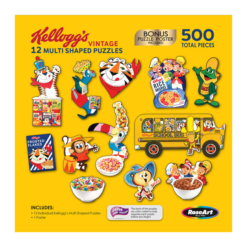 A 12-piece RoseArt - Kellogg's 12 Multi-Shaped - Kellogg's - 500 Piece Jigsaw Puzzle with characters including Tony the Tiger, Toucan Sam, and Snap, Crackle, and Pop against a yellow background. Includes 500 pieces and a bonus poster.