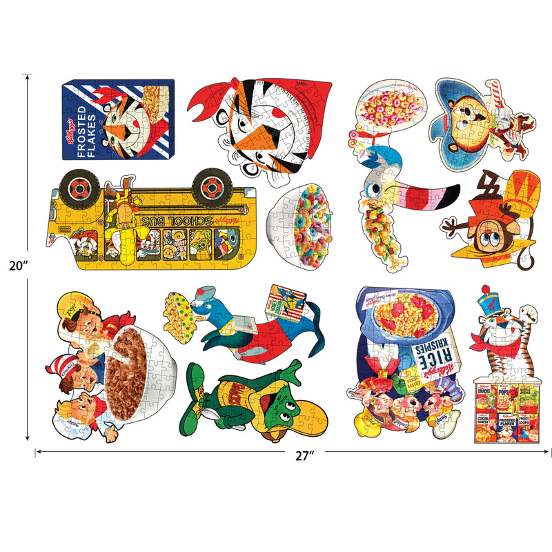 A 20" by 27" RoseArt - Kellogg's 12 Multi-Shaped - Kellogg's - 500 Piece Jigsaw Puzzle featuring pieces with vintage cereal box designs and cartoon characters, including an upside-down school bus-shaped puzzle piece and other colorful cereal-themed illustrations.