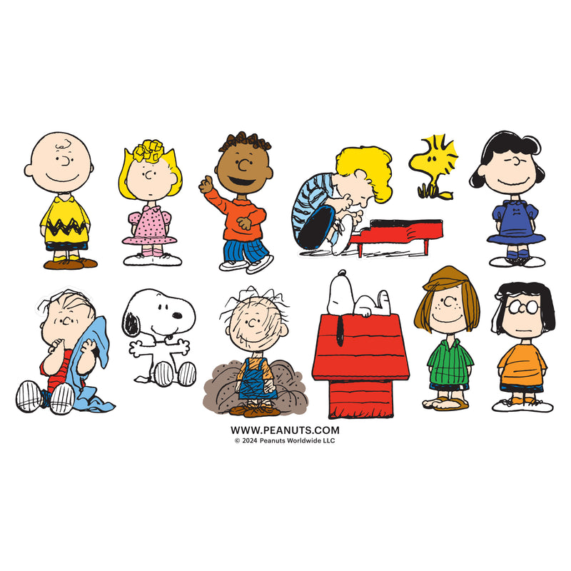 A group image of Peanuts characters: Charlie Brown, Sally, Franklin, Schroeder, Woodstock, Lucy, Linus, Snoopy, Pigpen, Peppermint Patty, and Marcie on the RoseArt - Peanuts 12 Multi-Shaped - Peanuts - 500 Piece Jigsaw Puzzle.