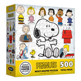 Image of a RoseArt - Peanuts 12 Multi-Shaped - Peanuts - 500 Piece Jigsaw Puzzle box featuring Snoopy and other characters from the Peanuts comic strip. The box includes a bonus puzzle poster.