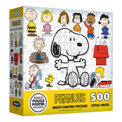 Image of a RoseArt - Peanuts 12 Multi-Shaped - Peanuts - 500 Piece Jigsaw Puzzle box featuring Snoopy and other characters from the Peanuts comic strip. The box includes a bonus puzzle poster.