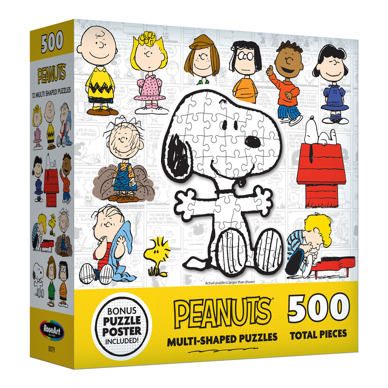 Image of a RoseArt - Peanuts 12 Multi-Shaped - Peanuts - 500 Piece Jigsaw Puzzle box featuring Snoopy and other characters from the Peanuts comic strip. The box includes a bonus puzzle poster.