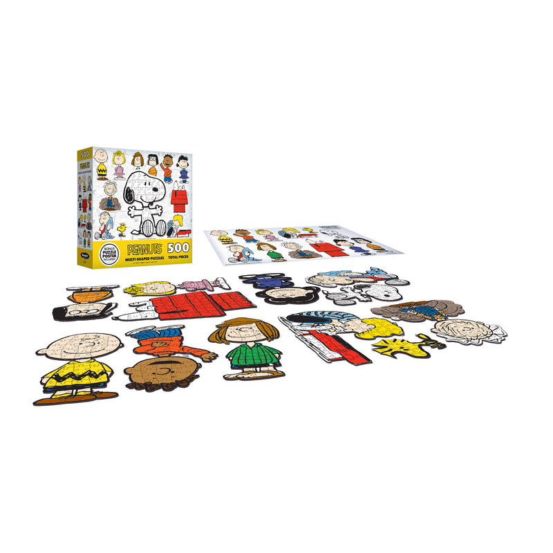 A 500-piece puzzle featuring Peanuts characters, displayed with several assembled character pieces laid out and the puzzle box in the background.
