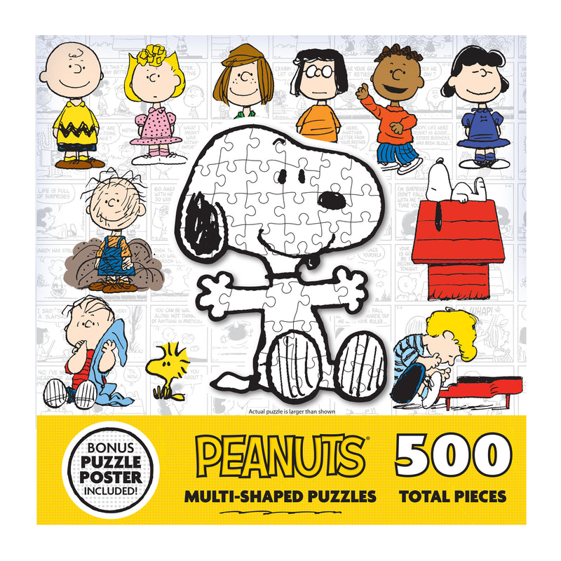 A 500-piece RoseArt - Peanuts 12 Multi-Shaped - Peanuts - 500 Piece Jigsaw Puzzle set showing various characters, with Snoopy in the center. The box showcases cartoon images of characters like Charlie Brown and Lucy, with a bonus puzzle poster included.