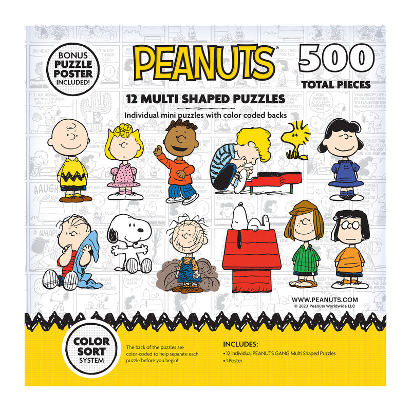 A **RoseArt - Peanuts 12 Multi-Shaped - Peanuts - 500 Piece Jigsaw Puzzle** box featuring Peanuts characters. The box highlights 12 multi-shaped puzzles with color-coded backs and includes a bonus puzzle poster.