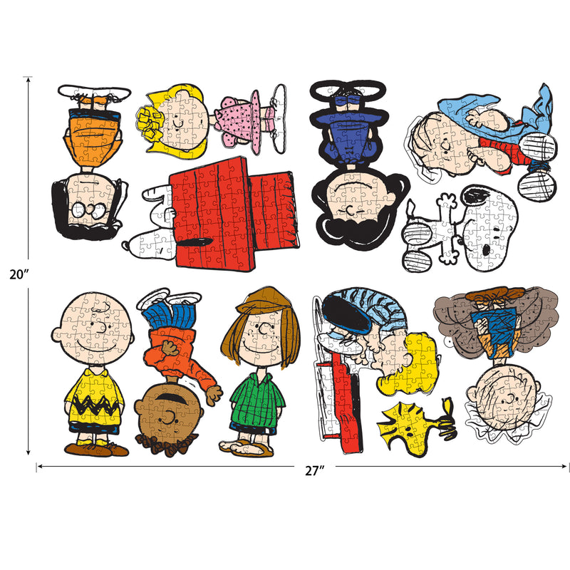 An incomplete RoseArt - Peanuts 12 Multi-Shaped - Peanuts - 500 Piece Jigsaw Puzzle measuring 20 inches by 27 inches features various cartoon characters in colorful outfits. Some pieces are missing, and others are arranged upside down or sideways.