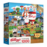 RoseArt - Kellogg's - Hot Air Balloon Celebration - 1000 Piece Jigsaw Puzzle with a vibrant vintage hot air balloon scene over a town. Balloons feature various Kellogg's cereal branding and characters. Includes a bonus puzzle poster.