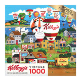 Colorful puzzle featuring Kellogg's cereal-themed hot air balloons floating over a village scene. The image includes various Kellogg’s cereal boxes, houses, and vibrant landscapes. RoseArt - Kellogg's - Hot Air Balloon Celebration - 1000 Piece Jigsaw Puzzle has 1000 pieces.