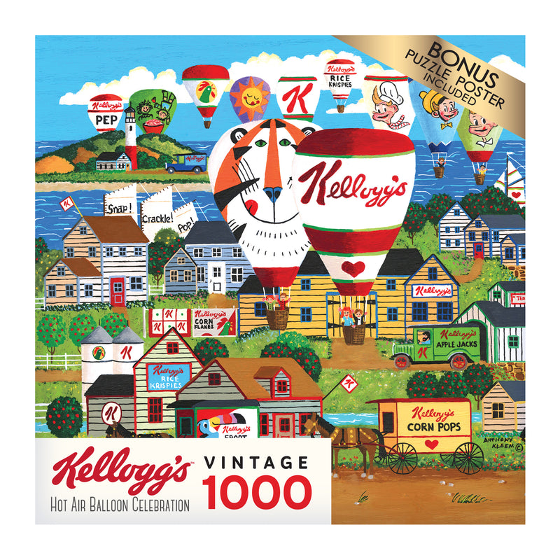 Colorful puzzle featuring Kellogg's cereal-themed hot air balloons floating over a village scene. The image includes various Kellogg’s cereal boxes, houses, and vibrant landscapes. RoseArt - Kellogg's - Hot Air Balloon Celebration - 1000 Piece Jigsaw Puzzle has 1000 pieces.