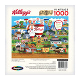 A 1000-piece puzzle by RoseArt - Kellogg's - Hot Air Balloon Celebration - 1000 Piece Jigsaw Puzzle featuring a vintage illustration with cereal boxes and hot air balloons, measuring 27x20 inches. Includes a bonus puzzle poster.