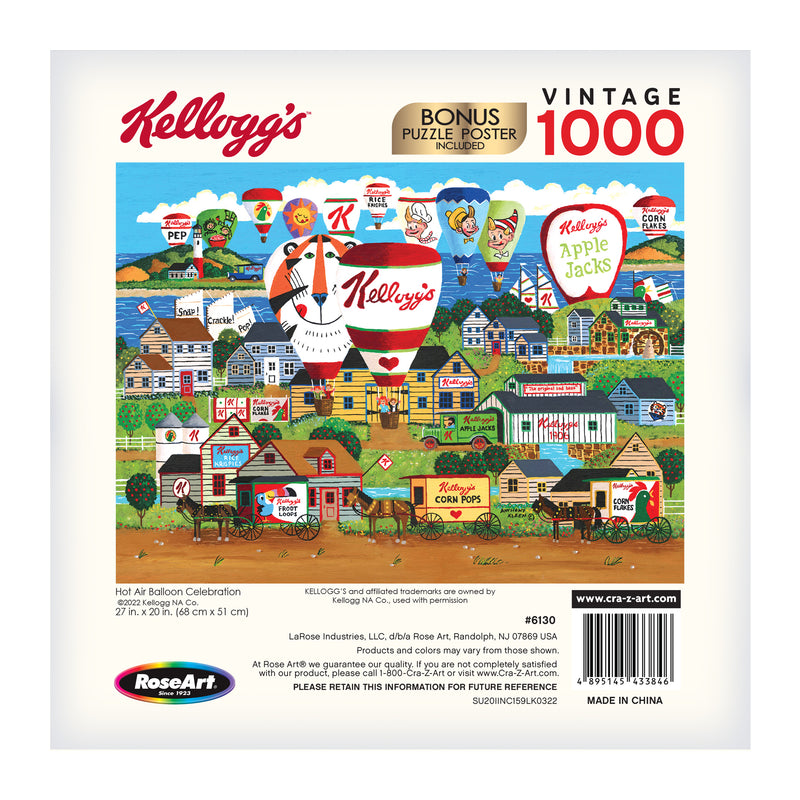A 1000-piece puzzle by RoseArt - Kellogg's - Hot Air Balloon Celebration - 1000 Piece Jigsaw Puzzle featuring a vintage illustration with cereal boxes and hot air balloons, measuring 27x20 inches. Includes a bonus puzzle poster.