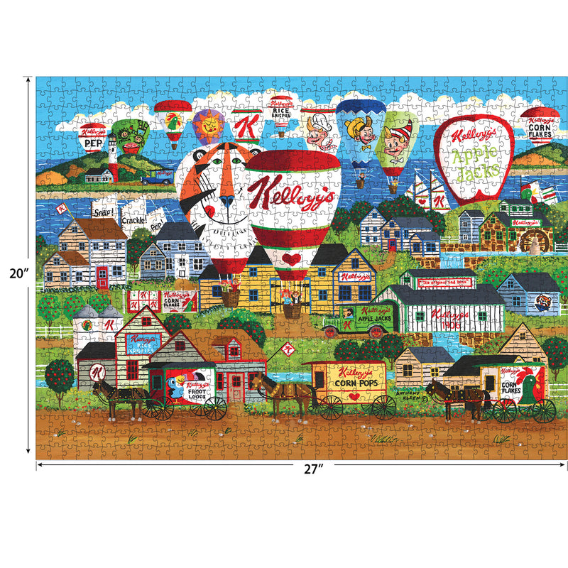 A completed RoseArt - Kellogg's - Hot Air Balloon Celebration - 1000 Piece Jigsaw Puzzle featuring a colorful village scene with hot air balloons and various Kellogg's cereal box designs. The puzzle measures 20 inches by 27 inches.