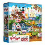 Box of a RoseArt - Kellogg's - Town by the Sea - 1000 Piece Jigsaw Puzzle featuring a vintage Kellogg's theme, including a seaside town with Kellogg's cereal advertisements.