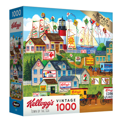 Box of a RoseArt - Kellogg's - Town by the Sea - 1000 Piece Jigsaw Puzzle featuring a vintage Kellogg's theme, including a seaside town with Kellogg's cereal advertisements.