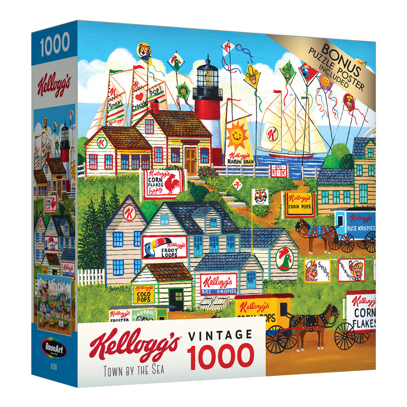 Box of a RoseArt - Kellogg's - Town by the Sea - 1000 Piece Jigsaw Puzzle featuring a vintage Kellogg's theme, including a seaside town with Kellogg's cereal advertisements.