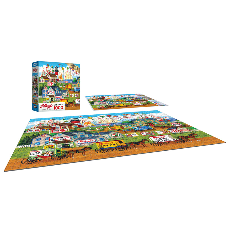 A completed RoseArt 1000-piece jigsaw puzzle titled "Kellogg's - Town by the Sea," showcasing vintage Kellogg's delivery wagons, is displayed alongside its box and an additional view of the puzzle.