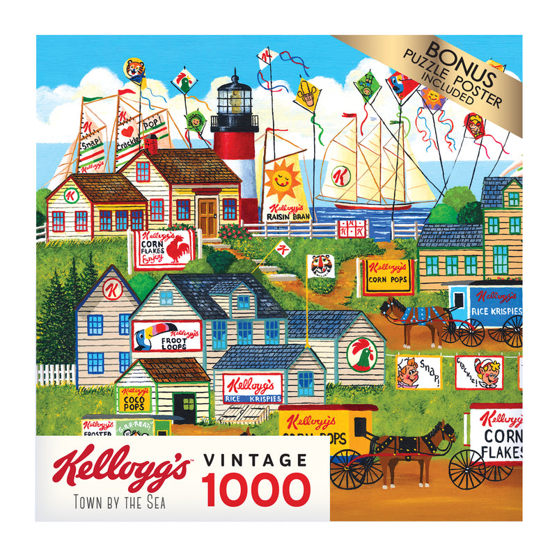 A RoseArt - Kellogg's - Town by the Sea - 1000 Piece Jigsaw Puzzle featuring Kellogg's vintage cereal ads in a seaside town scene with buildings, a lighthouse, and a horse-drawn wagon. Box also mentions a bonus puzzle poster included.