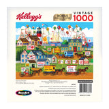 The image shows the back of a box for a RoseArt - Kellogg's - Town by the Sea - 1000 Piece Jigsaw Puzzle, featuring a seaside town scene with various Kellogg's cereal boxes and posters.