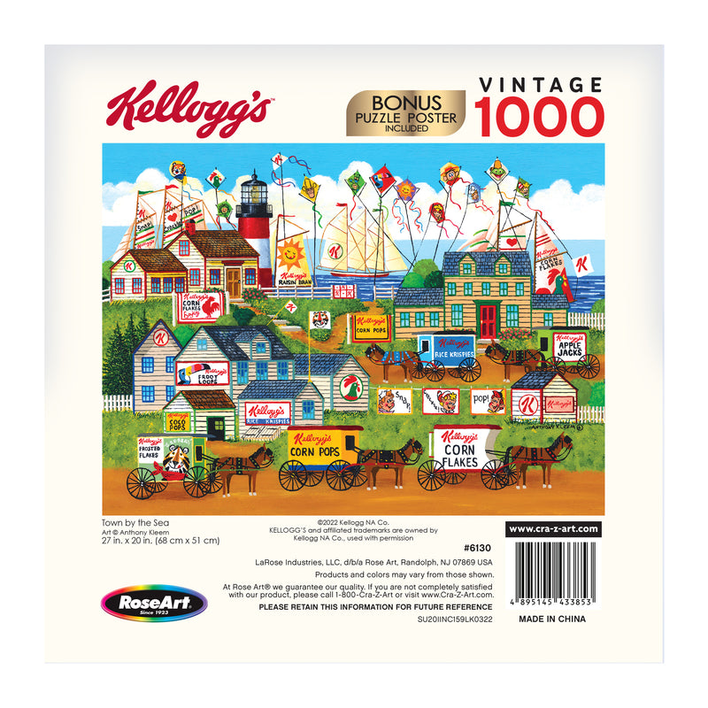 The image shows the back of a box for a RoseArt - Kellogg's - Town by the Sea - 1000 Piece Jigsaw Puzzle, featuring a seaside town scene with various Kellogg's cereal boxes and posters.
