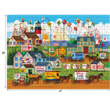 Colorful puzzle depicting a quaint town scene with various Kellogg's cereal advertisements, horse-drawn wagons, and buildings under a blue sky with kites. Image measures 20 inches by 27 inches. Product Name: RoseArt - Kellogg's - Town by the Sea - 1000 Piece Jigsaw Puzzle.