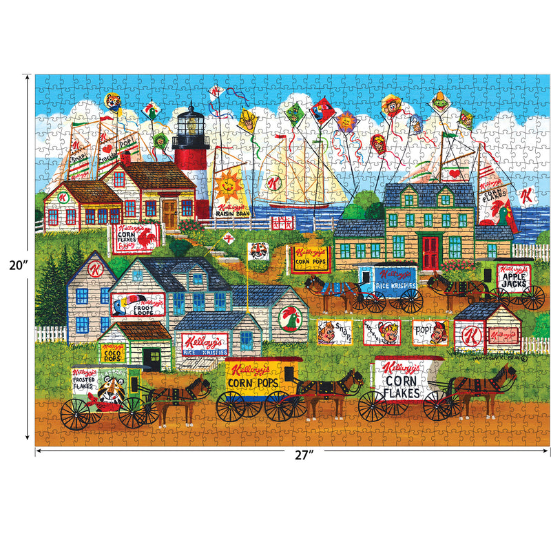 Colorful puzzle depicting a quaint town scene with various Kellogg's cereal advertisements, horse-drawn wagons, and buildings under a blue sky with kites. Image measures 20 inches by 27 inches. Product Name: RoseArt - Kellogg's - Town by the Sea - 1000 Piece Jigsaw Puzzle.