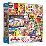 A RoseArt - Kellogg's - Cereal Favorites - 1000 Piece Jigsaw Puzzle featuring a collage of vintage Kellogg's cereal box designs, including favorites like Corn Pops, Froot Loops, and Frosted Flakes.