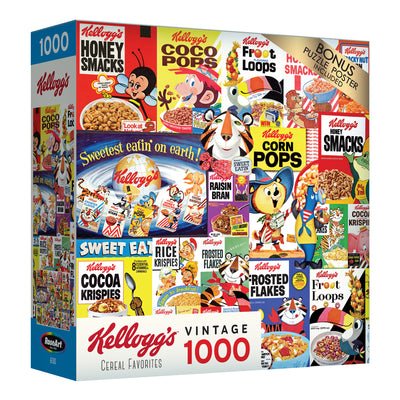 A RoseArt - Kellogg's - Cereal Favorites - 1000 Piece Jigsaw Puzzle featuring a collage of vintage Kellogg's cereal box designs, including favorites like Corn Pops, Froot Loops, and Frosted Flakes.
