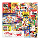 A collage of vintage Kellogg's cereal boxes featuring various brands like Honey Smacks, Corn Pops, Froot Loops, Rice Krispies, and more. The image also mentions a bonus puzzle poster: the RoseArt - Kellogg's - Cereal Favorites - 1000 Piece Jigsaw Puzzle.