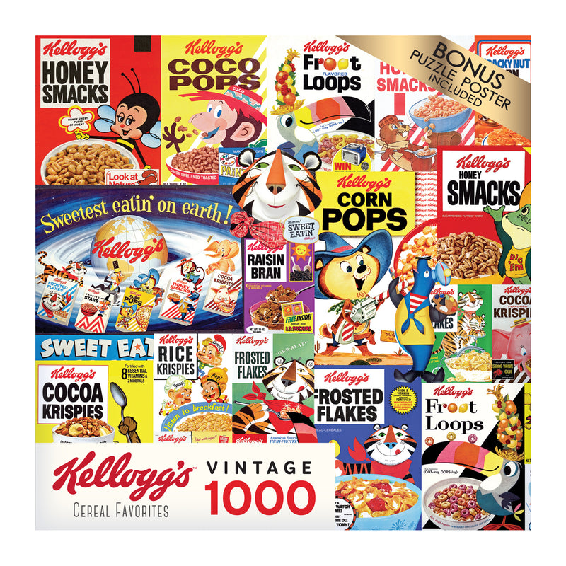 A collage of vintage Kellogg's cereal boxes featuring various brands like Honey Smacks, Corn Pops, Froot Loops, Rice Krispies, and more. The image also mentions a bonus puzzle poster: the RoseArt - Kellogg's - Cereal Favorites - 1000 Piece Jigsaw Puzzle.