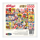 Image of the RoseArt - Kellogg's - Cereal Favorites - 1000 Piece Jigsaw Puzzle box with bright, colorful retro cereal box art. The box indicates it is a 1000-piece puzzle with a bonus poster included.