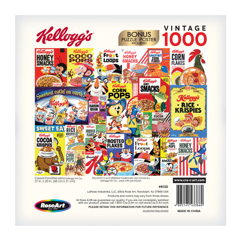 Image of the RoseArt - Kellogg's - Cereal Favorites - 1000 Piece Jigsaw Puzzle box with bright, colorful retro cereal box art. The box indicates it is a 1000-piece puzzle with a bonus poster included.