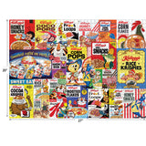 A collage of vintage Kellogg's cereal box designs, including Corn Flakes, Rice Krispies, Honey Smacks, and Frosted Flakes. The RoseArt - Kellogg's - Cereal Favorites - 1000 Piece Jigsaw Puzzle measures 20 inches by 27 inches.