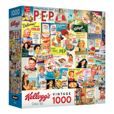 A 1000-piece puzzle box featuring a collage of vintage Kellogg's cereal ads, with a "Bonus Puzzle Poster Included" label on the top right corner is called the RoseArt - Kellogg's - Cereal Ads - 1000 Piece Jigsaw Puzzle.