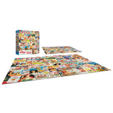 A completed RoseArt - Kellogg's - Cereal Ads - 1000 Piece Jigsaw Puzzle, adjacent to its box and an unassembled section.