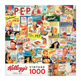 Jigsaw puzzle box featuring a collage of vintage Kellogg's cereal advertisements. The box displays a "Bonus Puzzle Poster Included" label and "RoseArt - Kellogg's - Cereal Ads - 1000 Piece Jigsaw Puzzle" at the bottom.