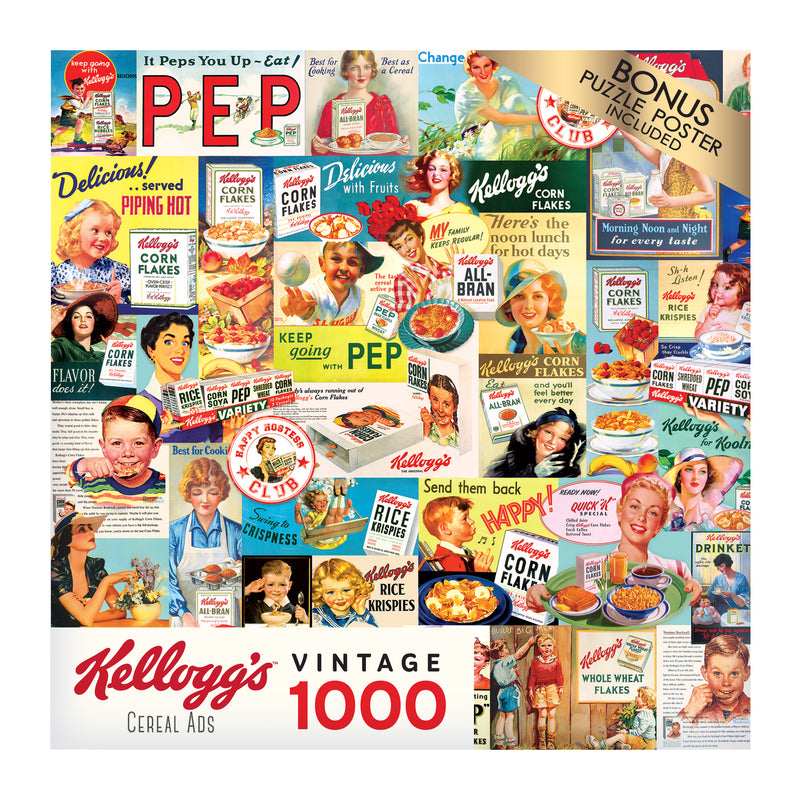 Jigsaw puzzle box featuring a collage of vintage Kellogg's cereal advertisements. The box displays a "Bonus Puzzle Poster Included" label and "RoseArt - Kellogg's - Cereal Ads - 1000 Piece Jigsaw Puzzle" at the bottom.