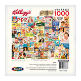 A 1000-piece vintage puzzle by RoseArt - Kellogg's - Cereal Ads - 1000 Piece Jigsaw Puzzle featuring colorful retro cereal advertisements and characters. The box cover showcases the puzzle design, brand logos, and includes a bonus puzzle poster.