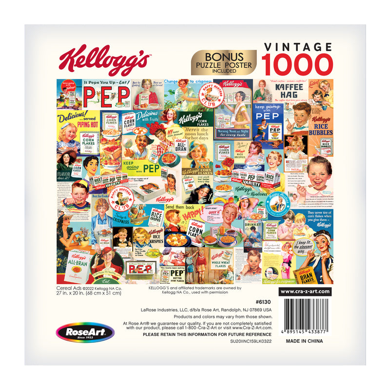 A 1000-piece vintage puzzle by RoseArt - Kellogg's - Cereal Ads - 1000 Piece Jigsaw Puzzle featuring colorful retro cereal advertisements and characters. The box cover showcases the puzzle design, brand logos, and includes a bonus puzzle poster.