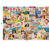 A collage of vintage RoseArt - Kellogg's - Cereal Ads - 1000 Piece Jigsaw Puzzle featuring various products such as Corn Flakes, Pep, and Rice Krispies. The image includes retro illustrations and product packaging from the mid-20th century.