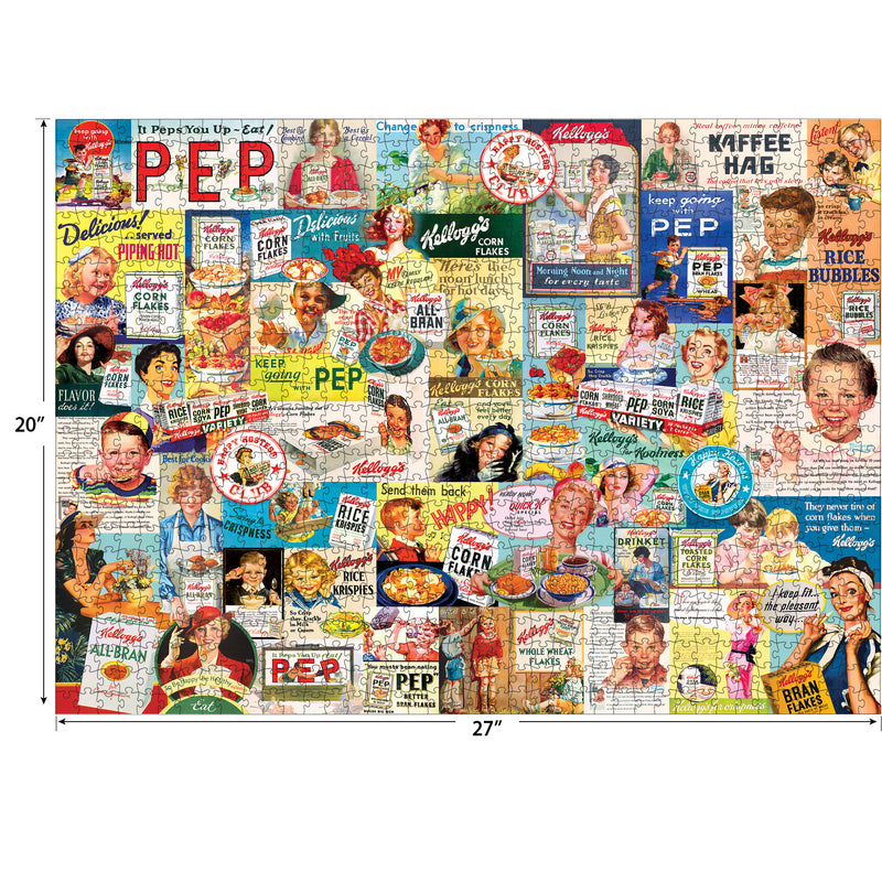 A collage of vintage RoseArt - Kellogg's - Cereal Ads - 1000 Piece Jigsaw Puzzle featuring various products such as Corn Flakes, Pep, and Rice Krispies. The image includes retro illustrations and product packaging from the mid-20th century.