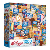 A RoseArt - Kellogg's - Pop Tarts Party - 1000 Piece Jigsaw Puzzle box featuring an assortment of Kellogg's Pop-Tarts flavors, along with a puzzle poster included. The box showcases various colorful Pop-Tarts packages and designs.