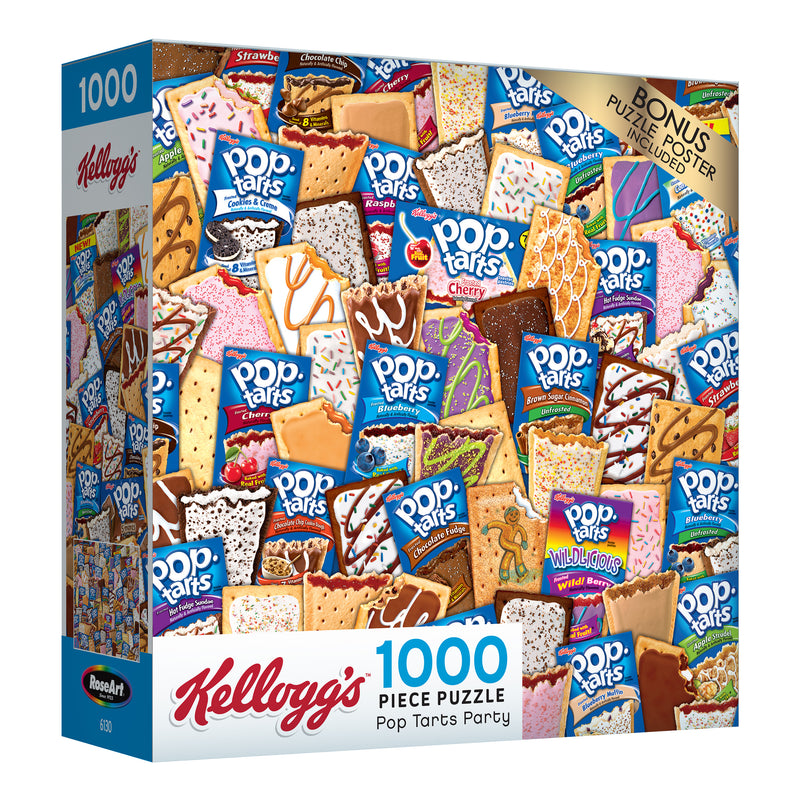 A RoseArt - Kellogg's - Pop Tarts Party - 1000 Piece Jigsaw Puzzle box featuring an assortment of Kellogg's Pop-Tarts flavors, along with a puzzle poster included. The box showcases various colorful Pop-Tarts packages and designs.