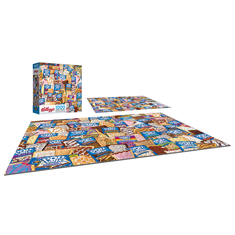 A RoseArt - Kellogg's - Pop Tarts Party - 1000 Piece Jigsaw Puzzle featuring various Pop-Tarts flavors in colorful packaging. The puzzle box is shown standing next to a completed and a partially completed puzzle.
